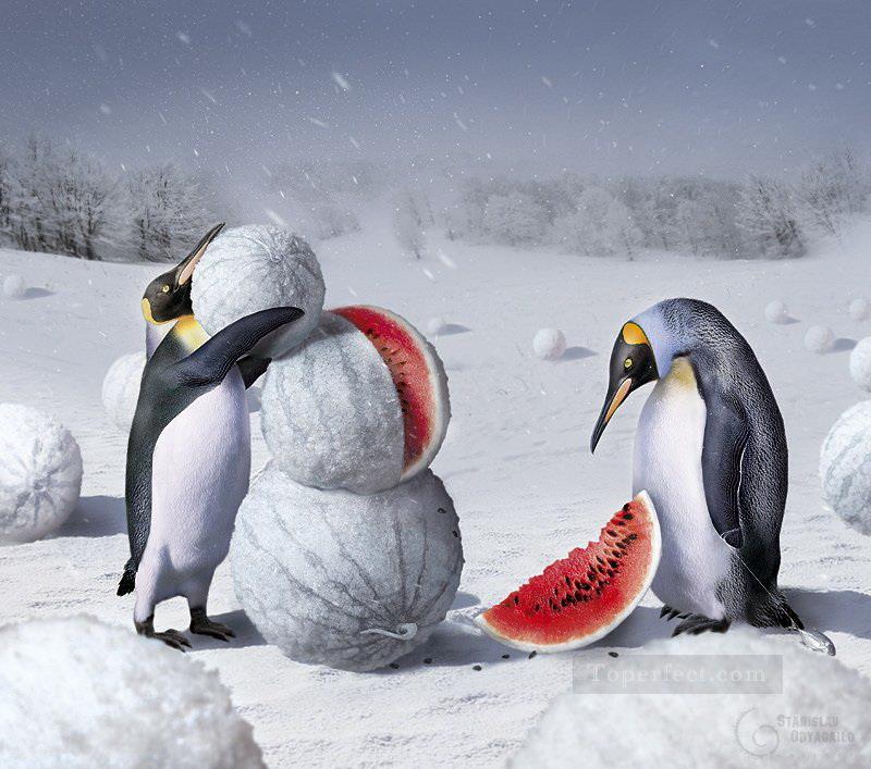 penguins and watermelon Fantasy Oil Paintings